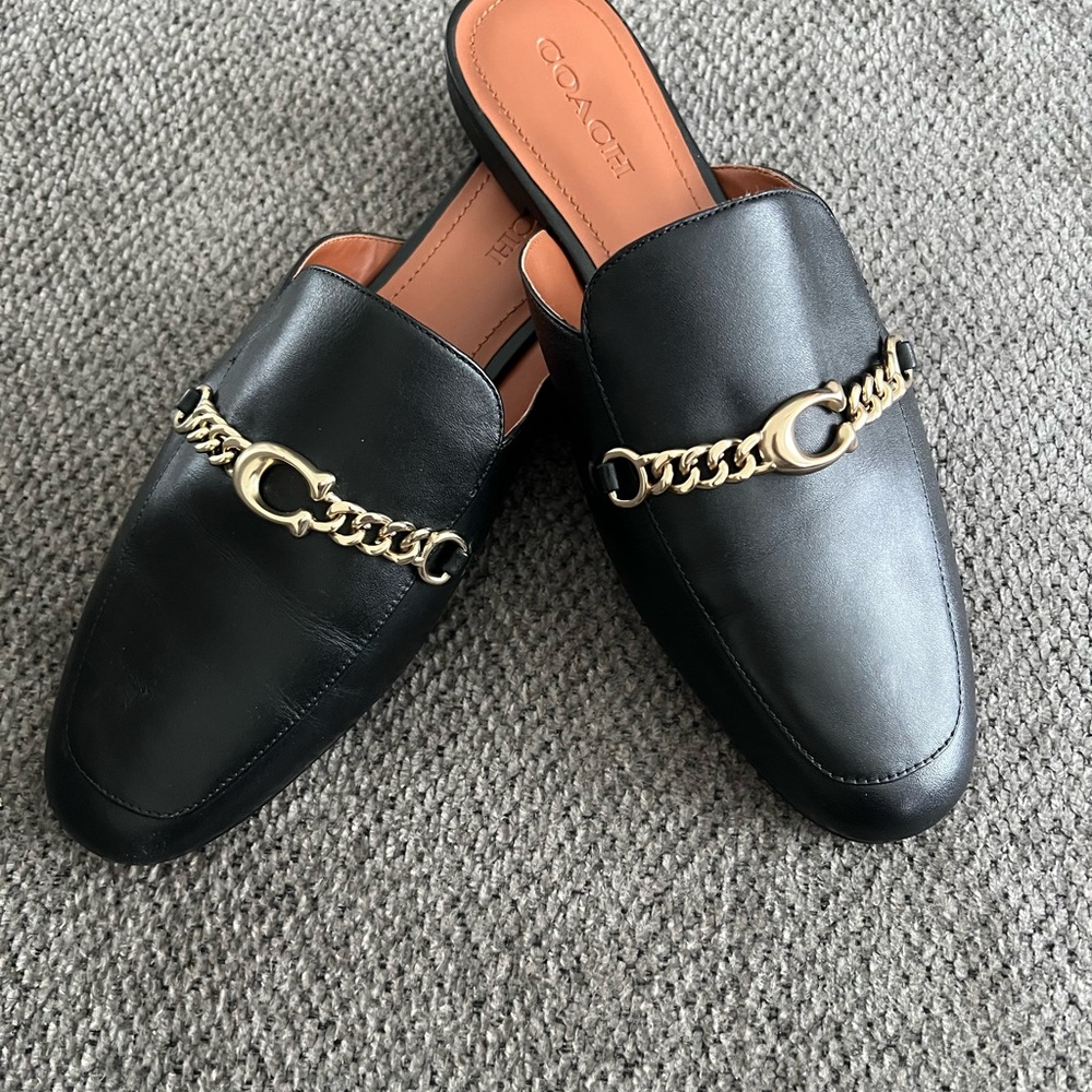 Coach Black Leather Mules with Gold Chain